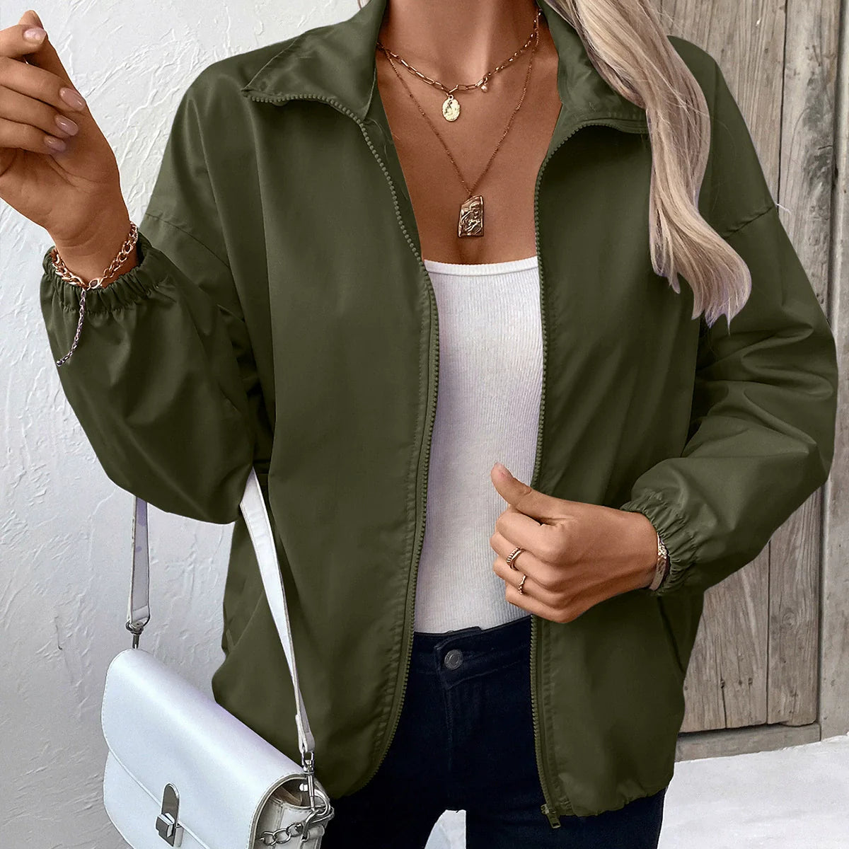 Veste décontractée femme – Coupe ample – Imperméable – Longueur hanches – Zip frontal