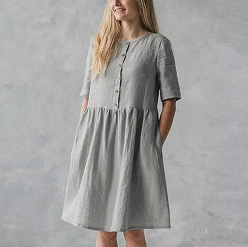 Robe midi femme – Coupe décontractée – Coton lin – Manches courtes – Boutons et poches