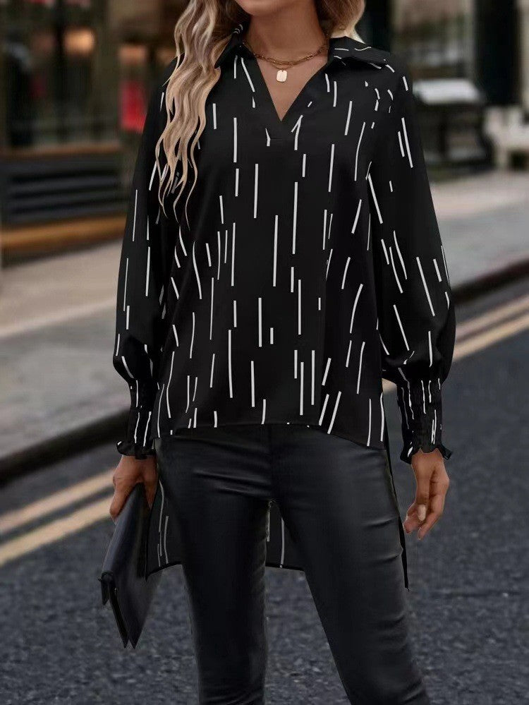 Blouse femme – Coupe fluide – Décolleté en V – Rayures graphiques – Manches longues