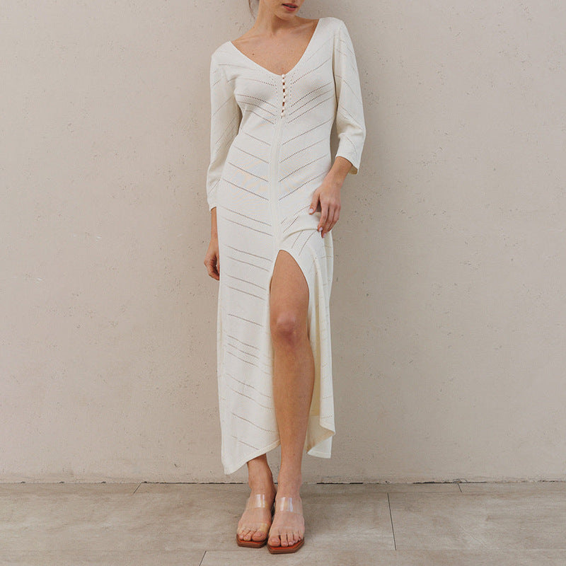 Robe longue femme – Maille fine – Coupe ajustée – Fente haute – Décolleté en V