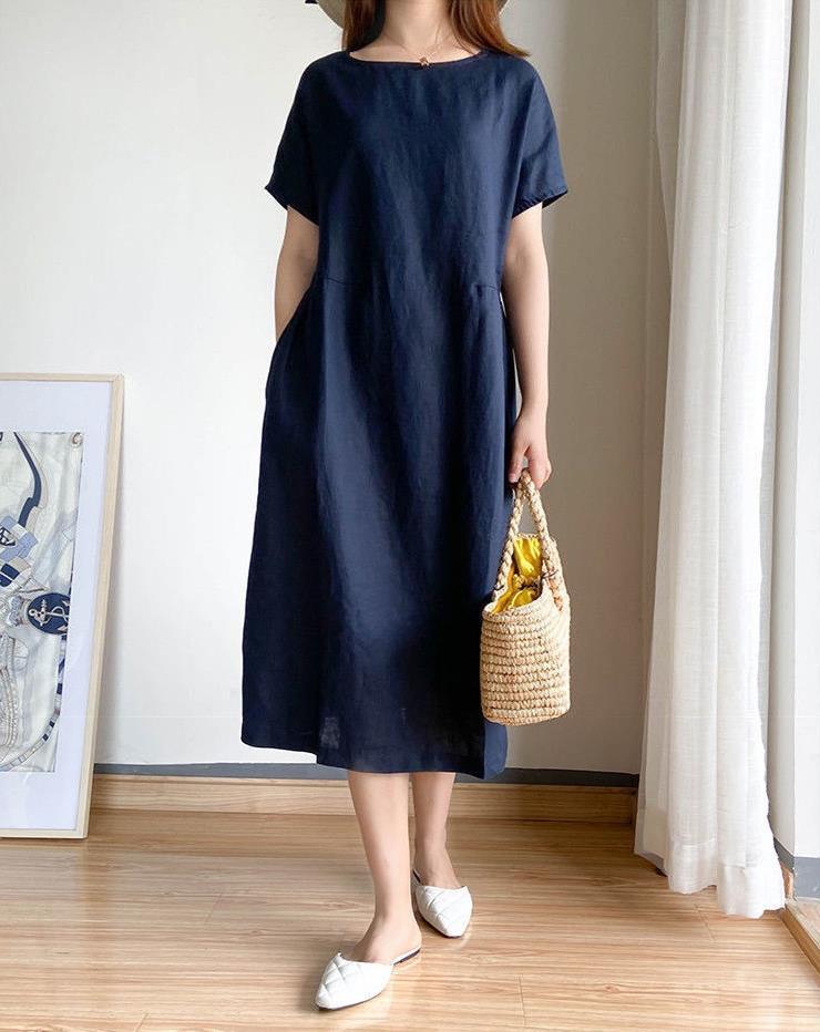 Robe midi femme – Coupe ample – Coton léger – Manches courtes – Col rond – Poches