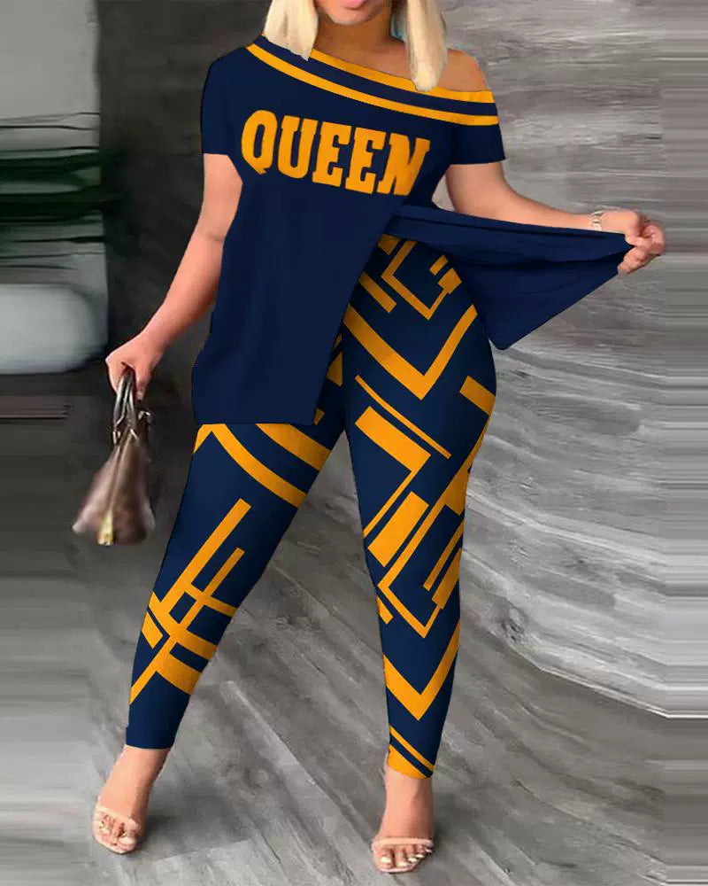 Ensemble Femme – Top Épaule Dénudée Détente – Pantalon Ajusté à Motifs – Tissu Léger