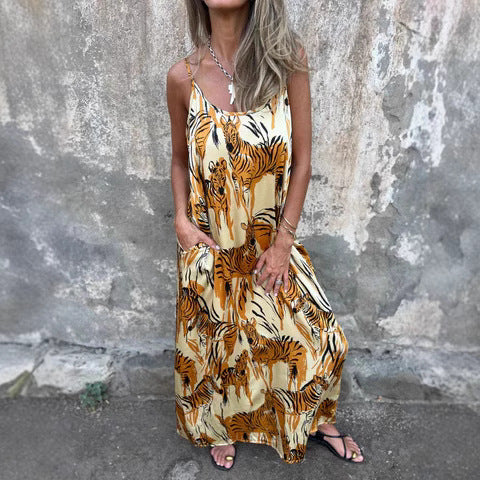 Robe longue femme – Coupe fluide – Fibres naturelles respirantes – Bretelles réglables – Poches pratiques