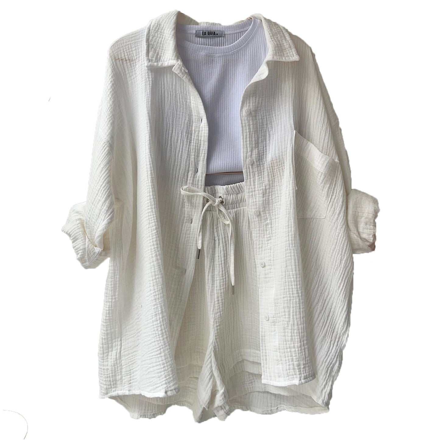 Ensemble Femme – Chemise Froissée Col Classique – Short Taille Haute Cordon Ajustable