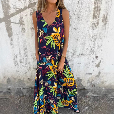 Robe Longue Femme – Imprimé Tropical – Sans Manches – Tissu Fluide Respirant
