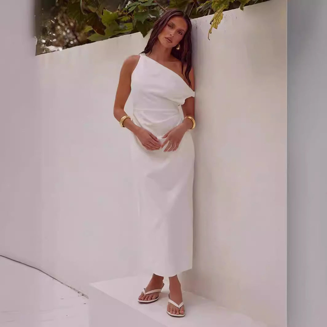 Robe midi femme – Une épaule – Coupe slim – Tissu fluide – Style minimaliste élégant