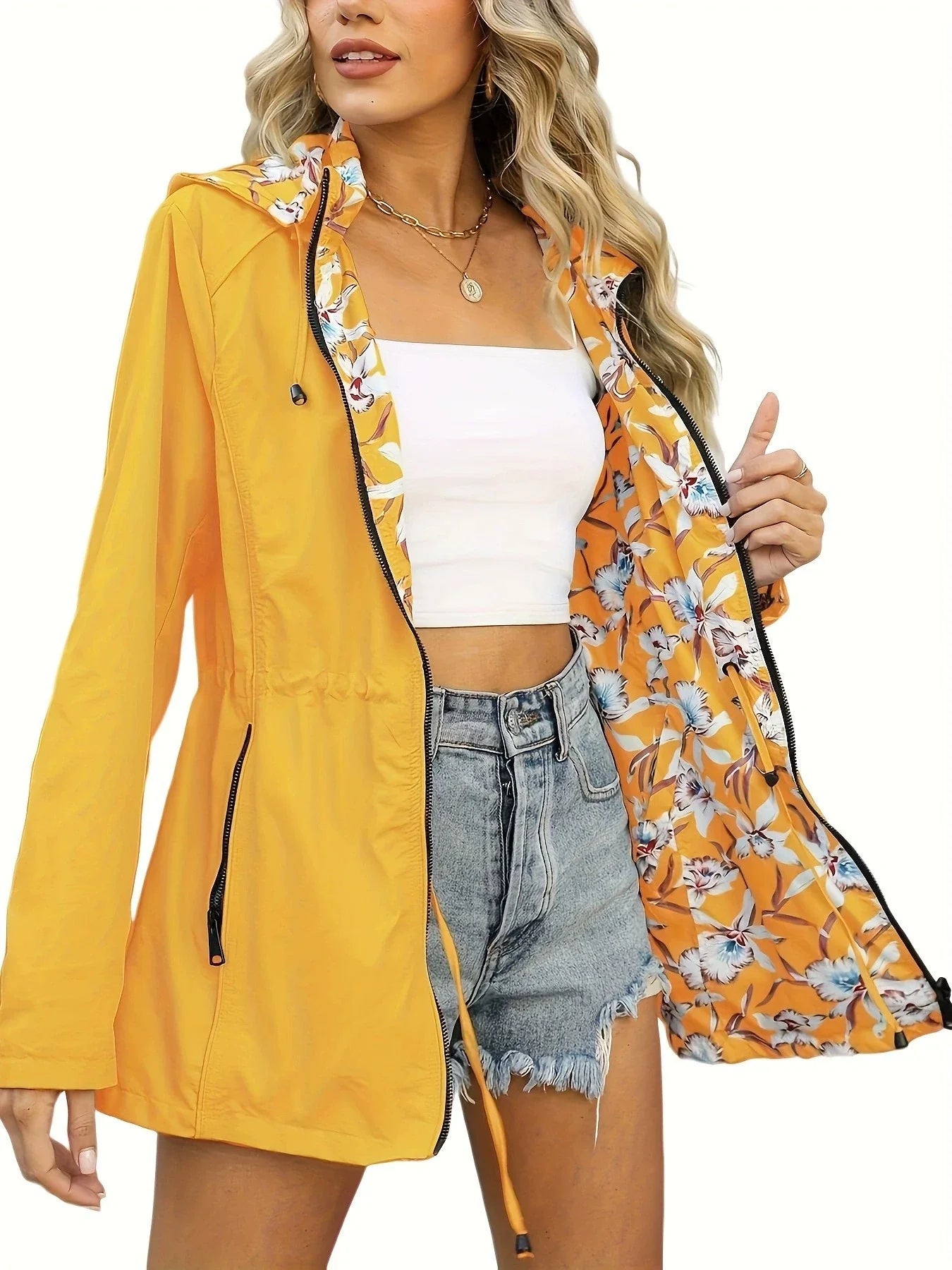 Veste coupe-vent femme – Coupe slim – Imperméable – Capuche – Doublure fleurie