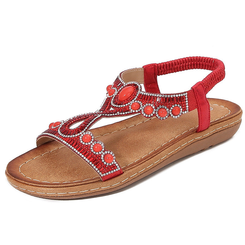 Sandales femme – Semelle plate – Bride élastique – Perles et cristaux boho chic