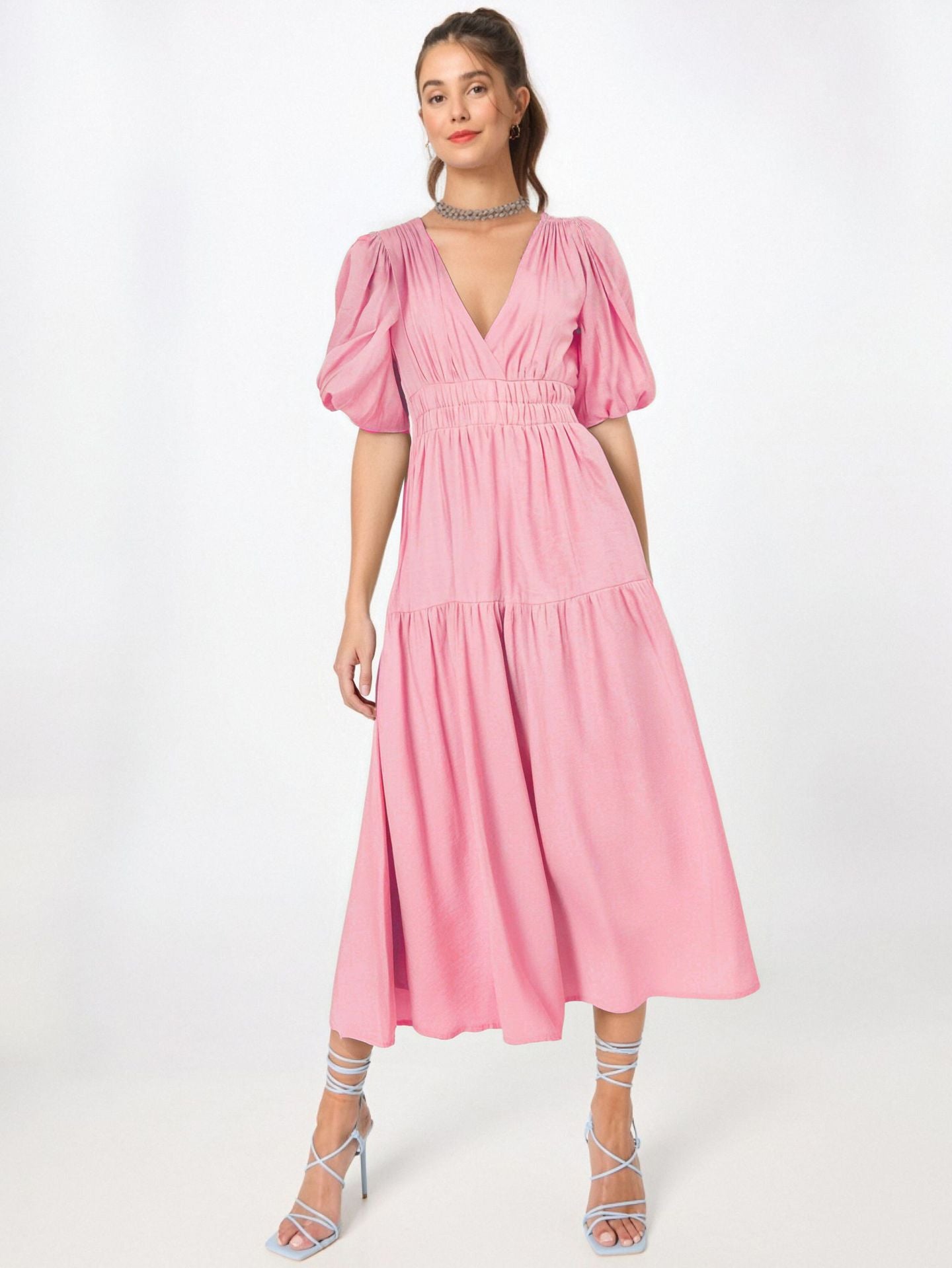 Robe midi femme – Taille cintrée – Manches bouffantes – Décolleté en V – Jupe fluide à volants