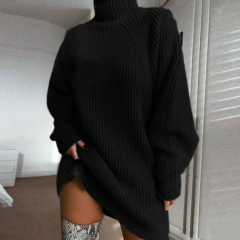 Robe Pull Femme – Coupe Oversize – Maille Côtelée – Col Cheminée – Manches Raglan
