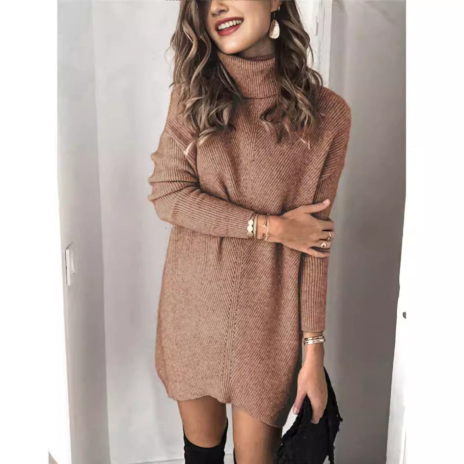 Robe en maille femme – Coupe décontractée – Col roulé – Manches longues côtelées