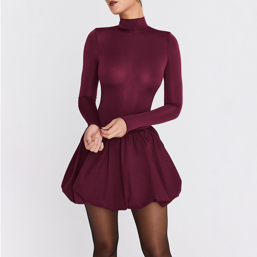Robe mini femme – Coupe slim – Col montant – Manches longues – Jupe évasée
