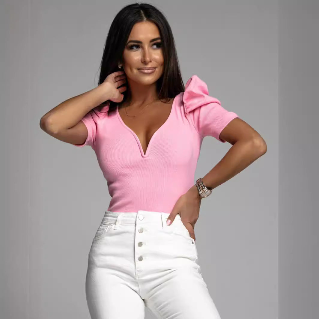 T-shirt femme – Col V – Coupe slim – Manches bouffantes – Tissu côtelé extensible