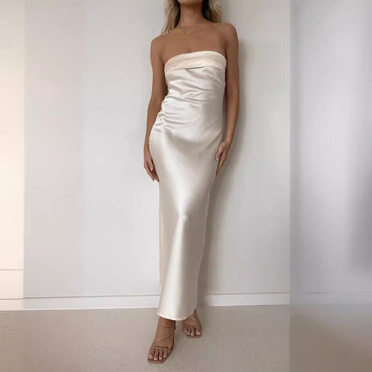 Robe longue femme – Satin lisse – Coupe slim élégante – Sans bretelles – Soirée formelle