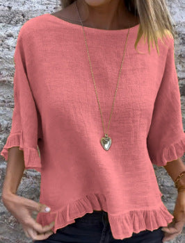 Blouse femme manches courtes – Coupe fluide – Lin et coton – Col rond – Finitions volantées