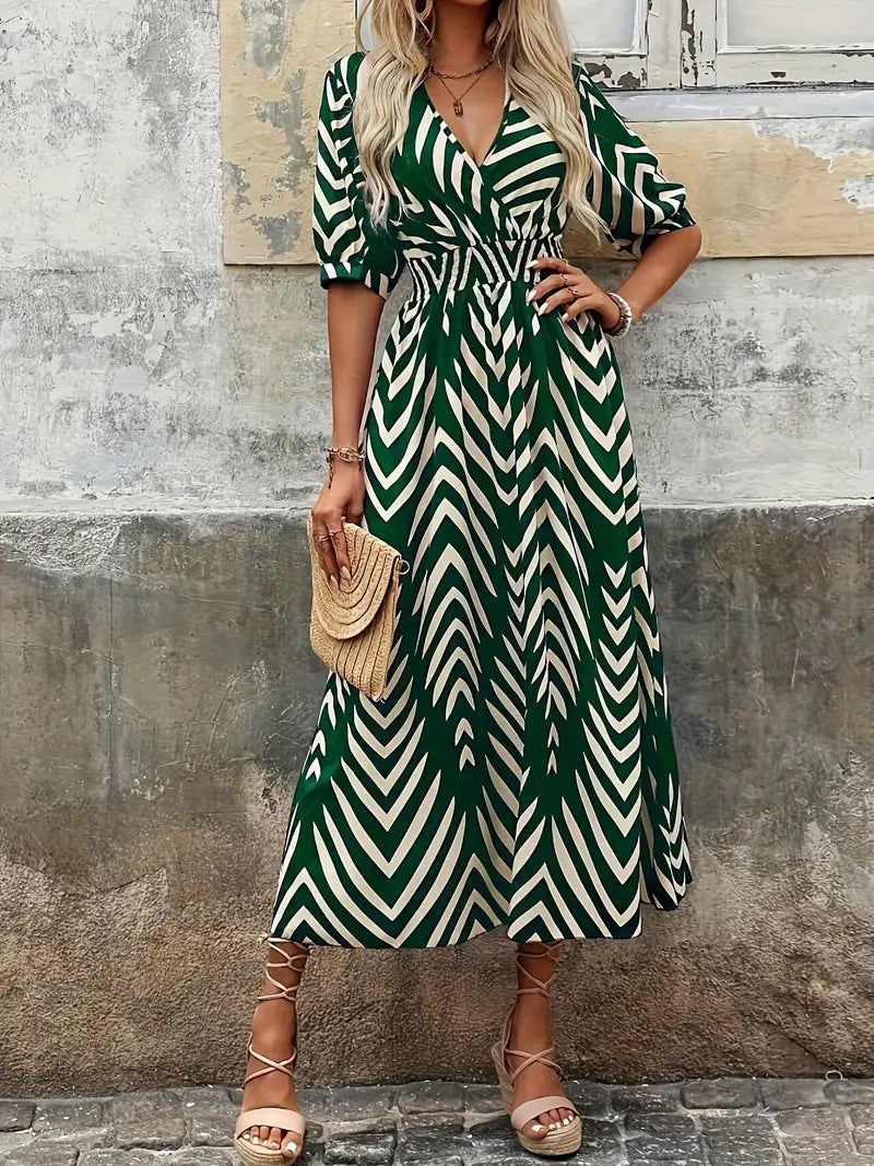 Robe midi femme – Coupe évasée fluide – Décolleté croisé – Manches bouffantes – Taille ceinturée – Motif rayé