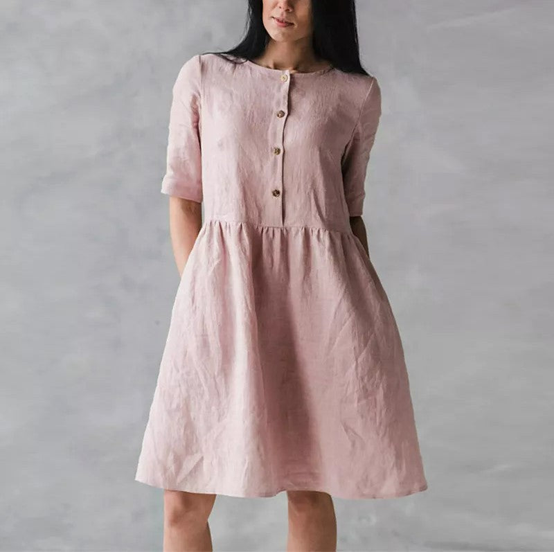 Robe midi femme – Coupe décontractée – Coton lin – Manches courtes – Boutons et poches