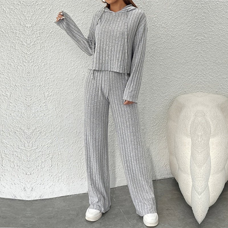 Ensemble détente femme – Capuche – Tricot côtelé – Coupe ample – Pantalon large