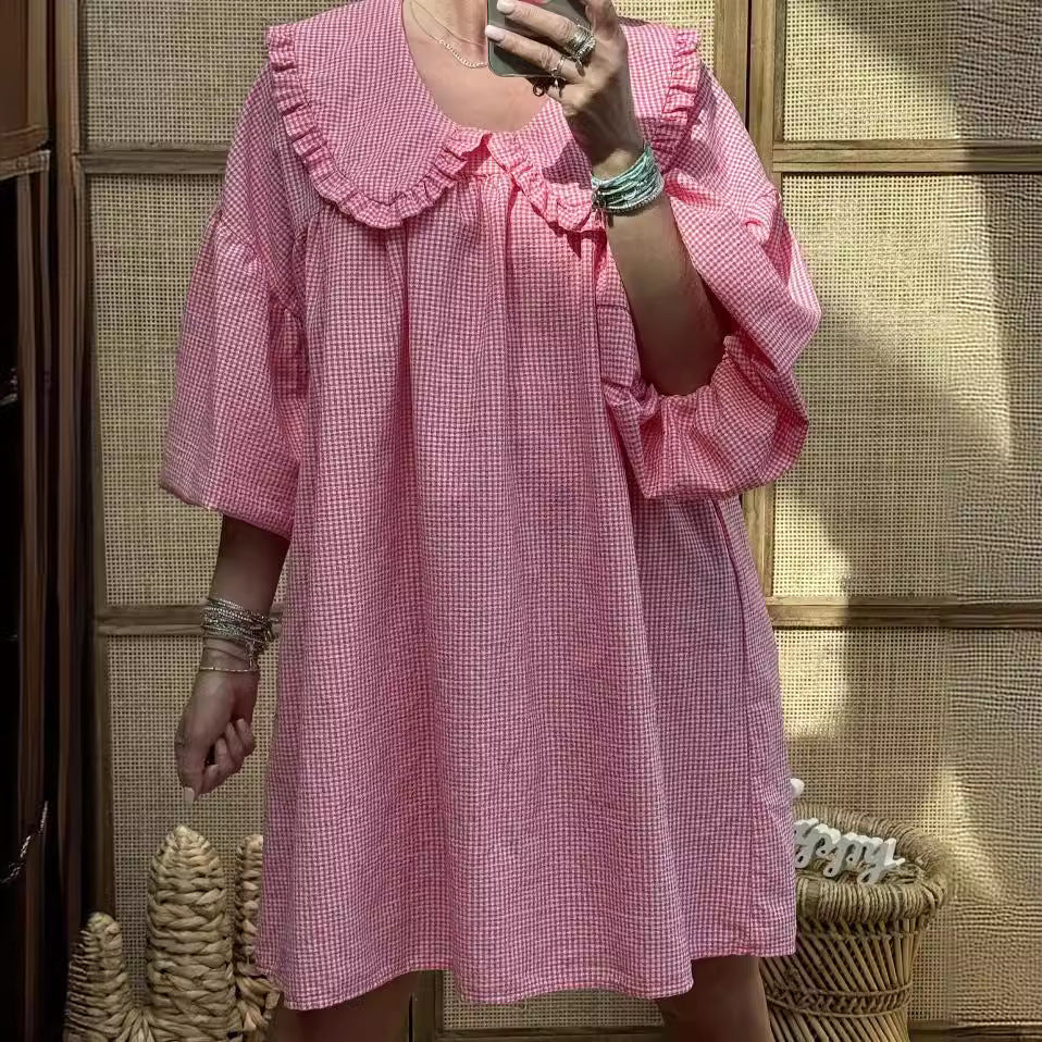 Robe Femme A-Ligne – Coton Léger – Col Claudine Volanté – Manches Bouffantes – Motif Carreaux
