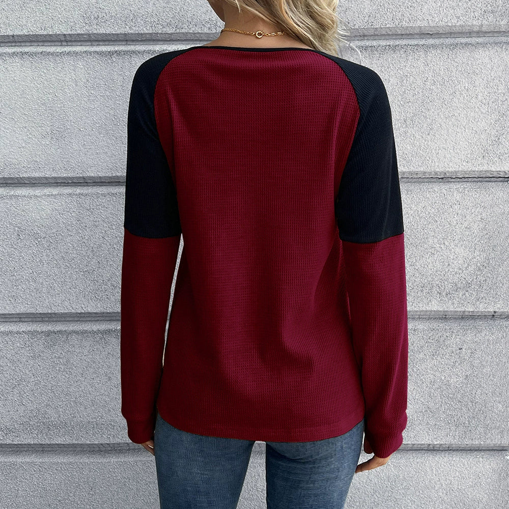 T-shirt manches longues femme – Coupe décontractée – Maille gaufrée – Col boutonné – Manches raglan