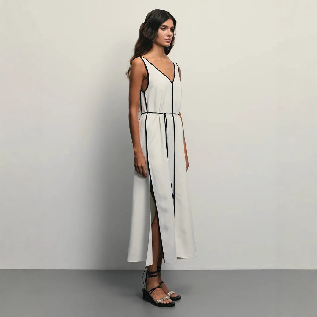 Robe sans manches femme – Coupe évasée – Col en U – Ceinture taille – Tissu léger breathable
