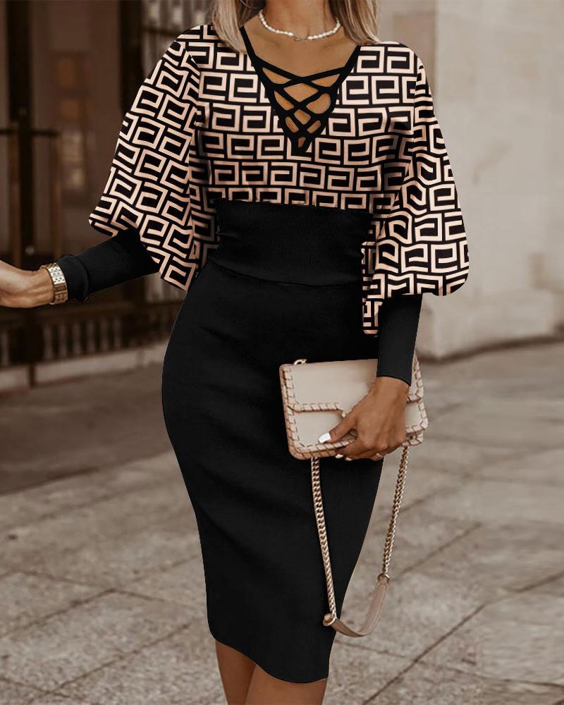 Robe moulante femme – Motif à carreaux – Manches longues – Col en V croisé – Taille cintrée