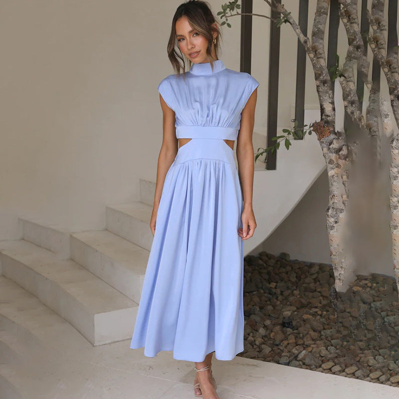 Robe midi femme – Coupe élégante – Taille cintrée – Buste plissé – Mancherons – Détail découpes