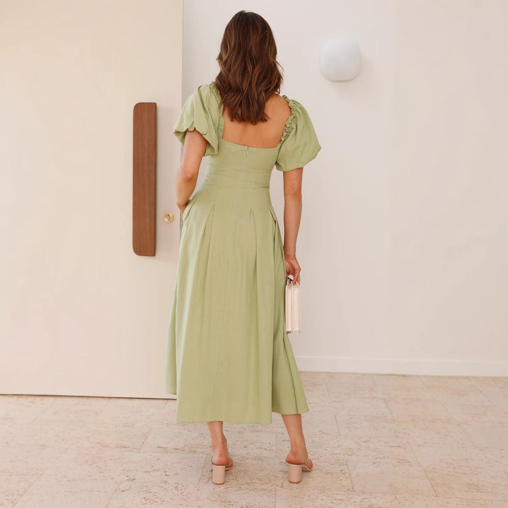 Robe femme midi – Manches bouffantes – Col en V – Coupe évasée élégante – Tissu léger