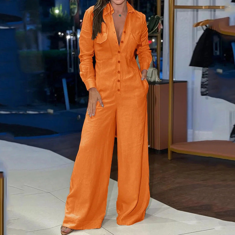 Combinaison femme – Coupe cintrée – Jambes larges – Manches longues – Col chemise