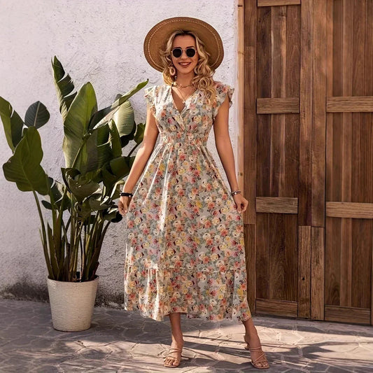 Robe longue femme – Coton léger – Imprimé fleuri – Volants – Manches papillon