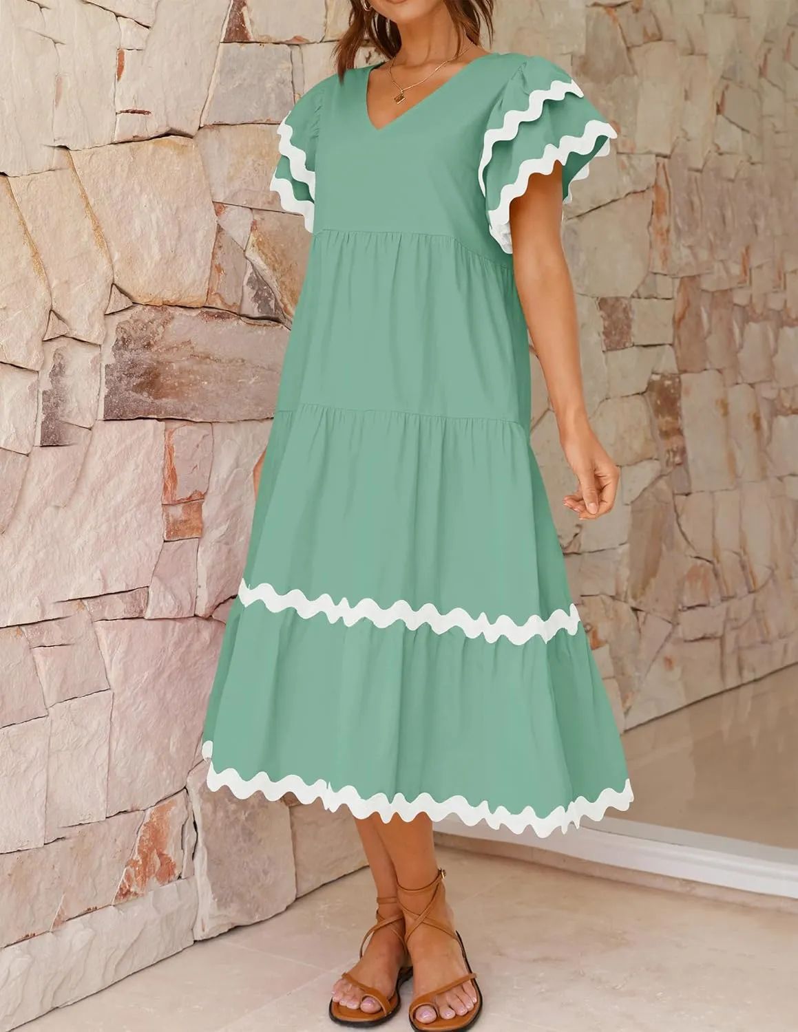 Robe midi femme – Encolure en V – Manches volantes – Coupe fluide – Tissu respirant