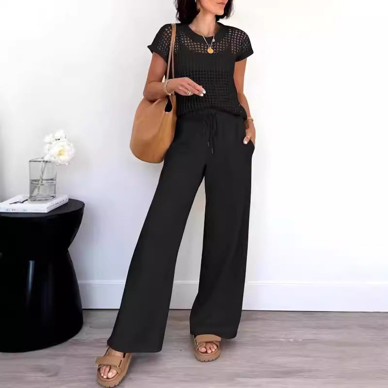 Ensemble Femme – Haut Maille Aérée Manches Courtes – Pantalon Large Fluide