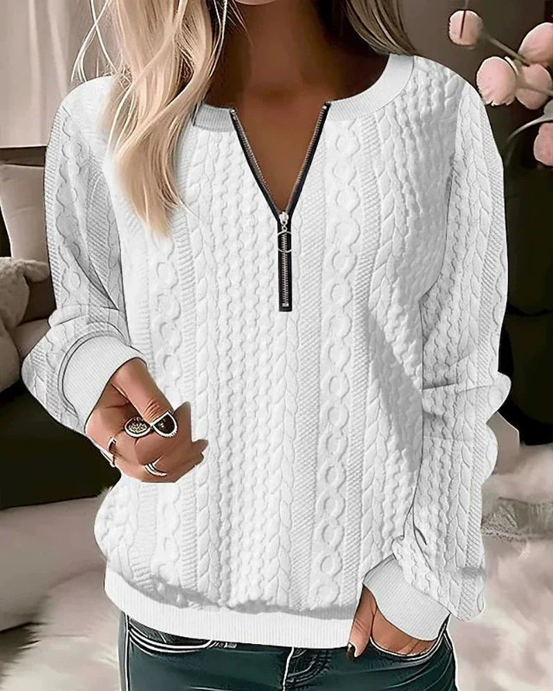 Femme Sweatshirt - Maille Texturée - Coupe Décontractée - Col Zippé - Manches Longues