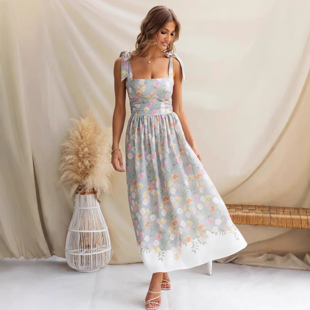 Robe midi femme – Coupe évasée – Bretelles fines – Imprimé fleuri – Tissu léger