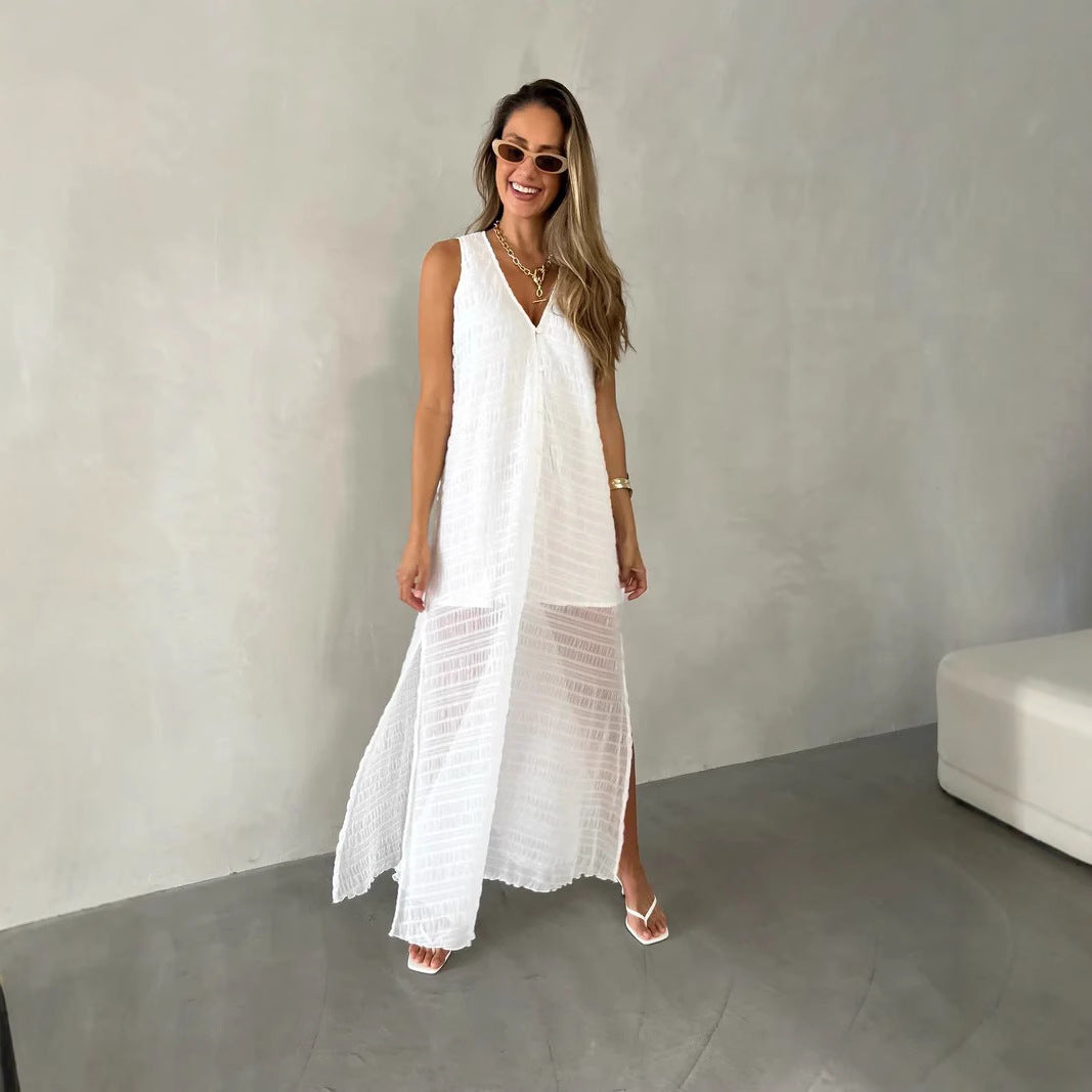 Robe longue femme – Dentelle élégante – Sans manches – Décolleté en V – Fente frontale