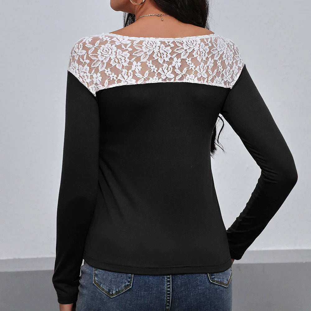 T-shirt manches longues femme – Coupe ajustée – Dentelle florale – Col rond élégant