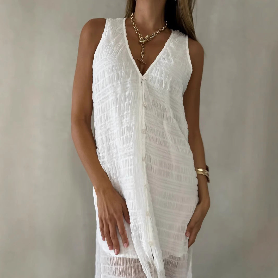 Robe longue femme – Dentelle élégante – Sans manches – Décolleté en V – Fente frontale