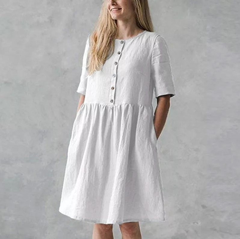 Robe midi femme – Coupe décontractée – Coton lin – Manches courtes – Boutons et poches