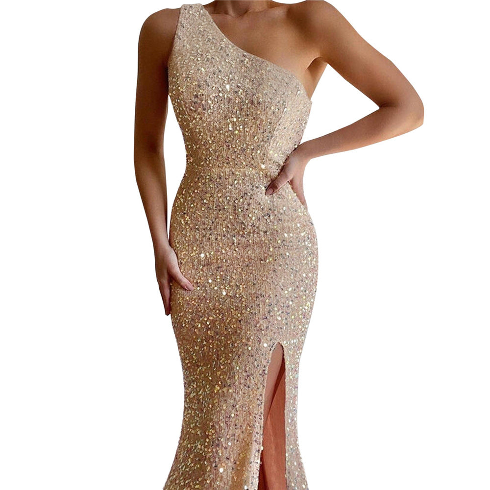 Robe femme midi – Coupe slim – Épaule dénudée – Fendue – Sequins élégants