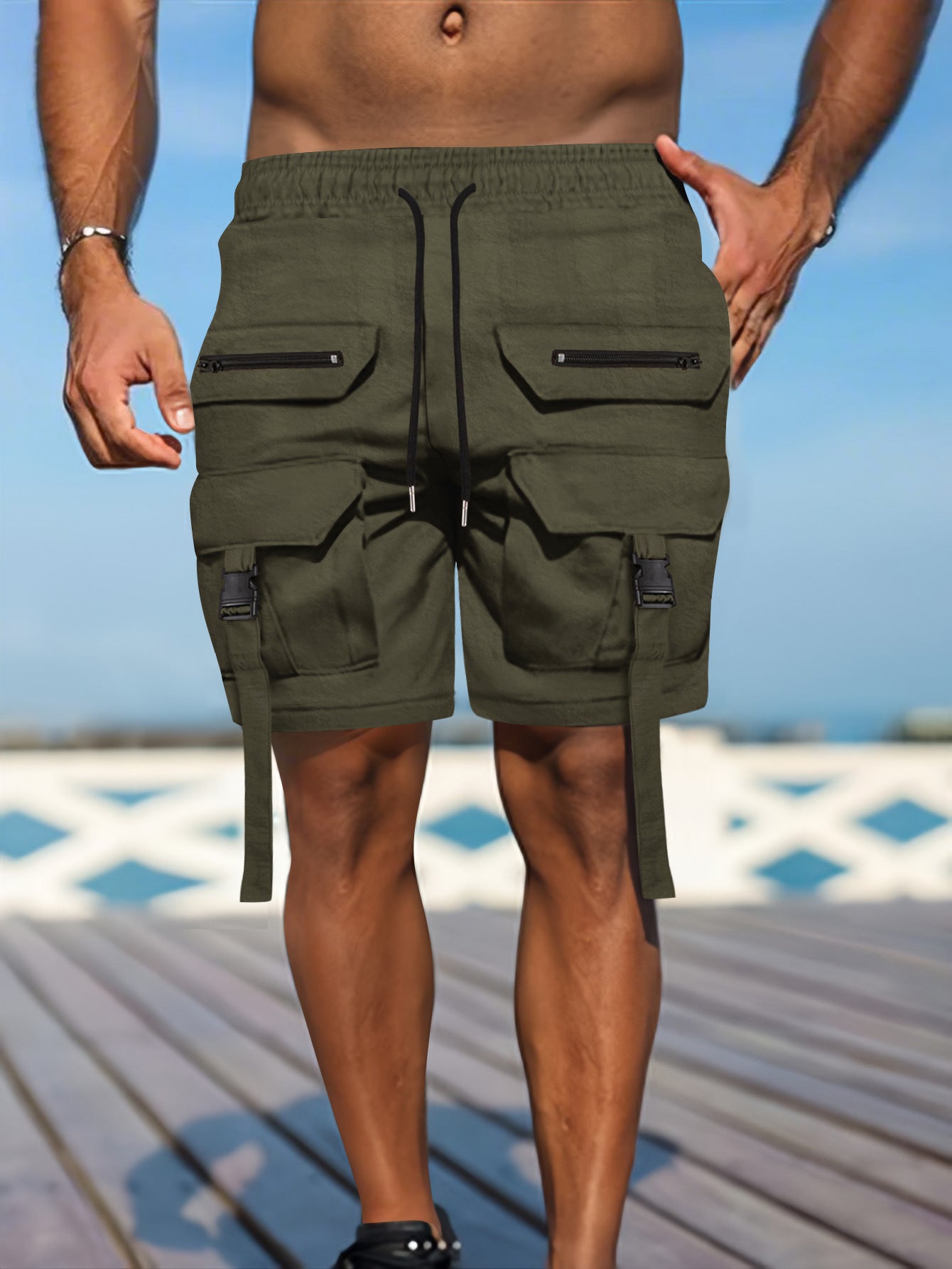 Short cargo homme – Coupe regular – Tissu respirant – Ceinture élastique – Multi-poches