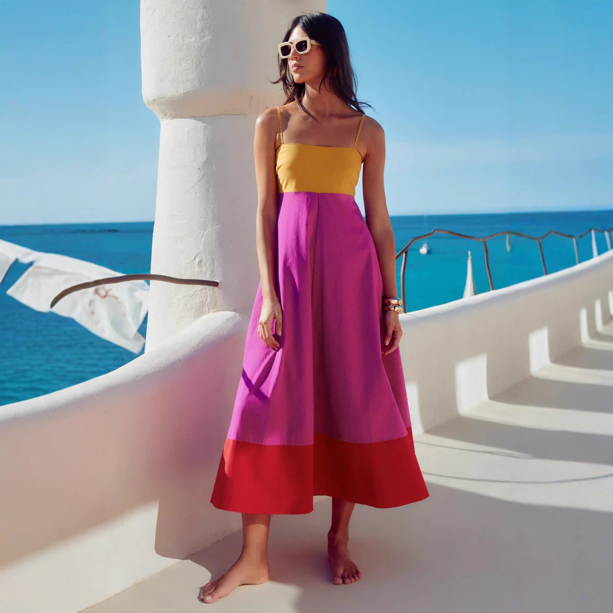 Robe midi femme – Bretelles fines – Coupe évasée – Coton léger – Design color block