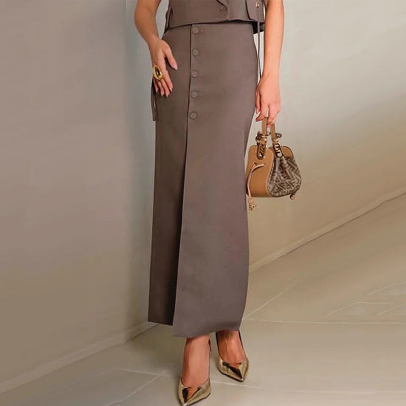 Ensemble Femme – Haut Court Sans Manches à Col Revers – Jupe Fendue Taille Haute