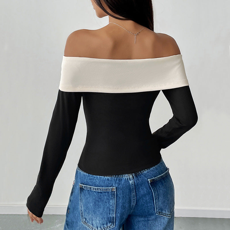 Top court femme – Coupe slim – Épaules dénudées – Manches longues – Nœud décoratif