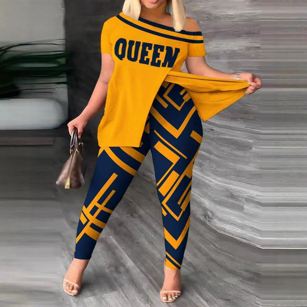 Ensemble Femme – Top Épaule Dénudée Détente – Pantalon Ajusté à Motifs – Tissu Léger