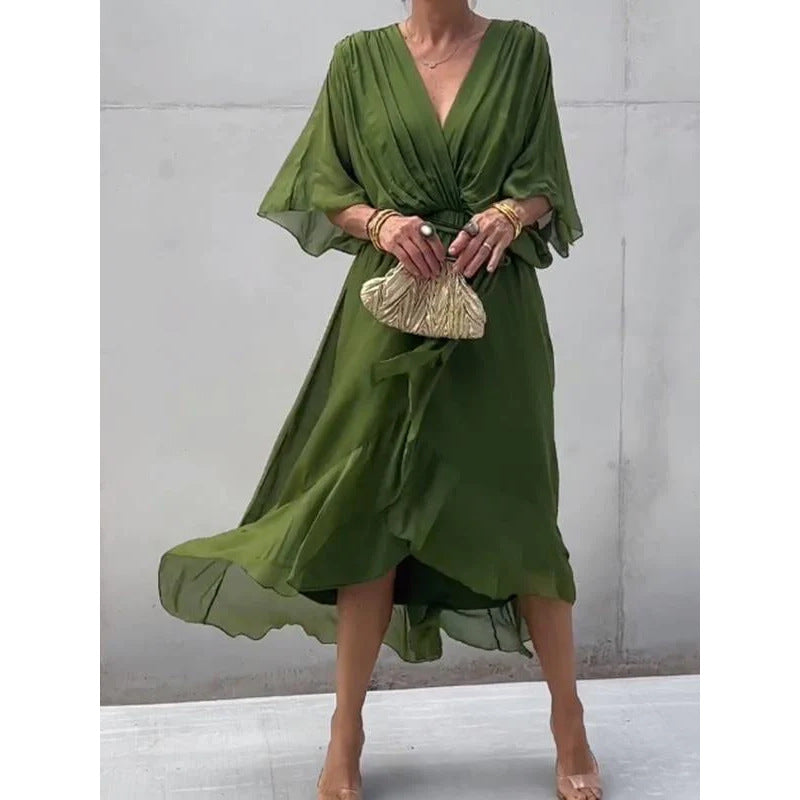 Robe longue femme – Tissu fluide élégant – Manches chauve-souris – Taille nouée – Ourlet asymétrique