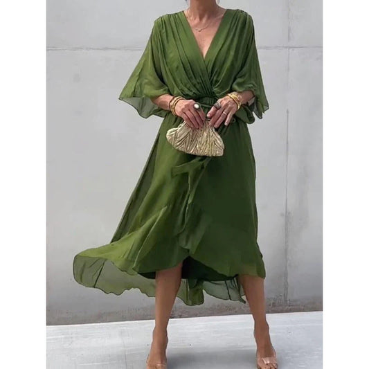 Robe longue femme – Tissu fluide élégant – Manches chauve-souris – Taille nouée – Ourlet asymétrique