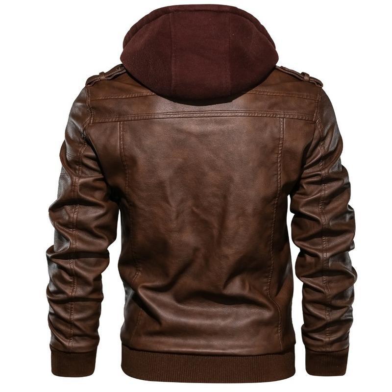 Veste en cuir à capuche pour homme - Fermeture éclair - Coupe décontractée