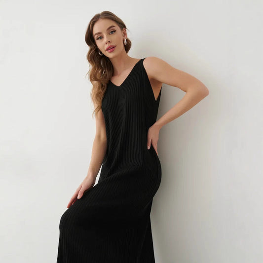 Robe longue femme – Sans manches – Col en V – Plissée – Coupe fluide