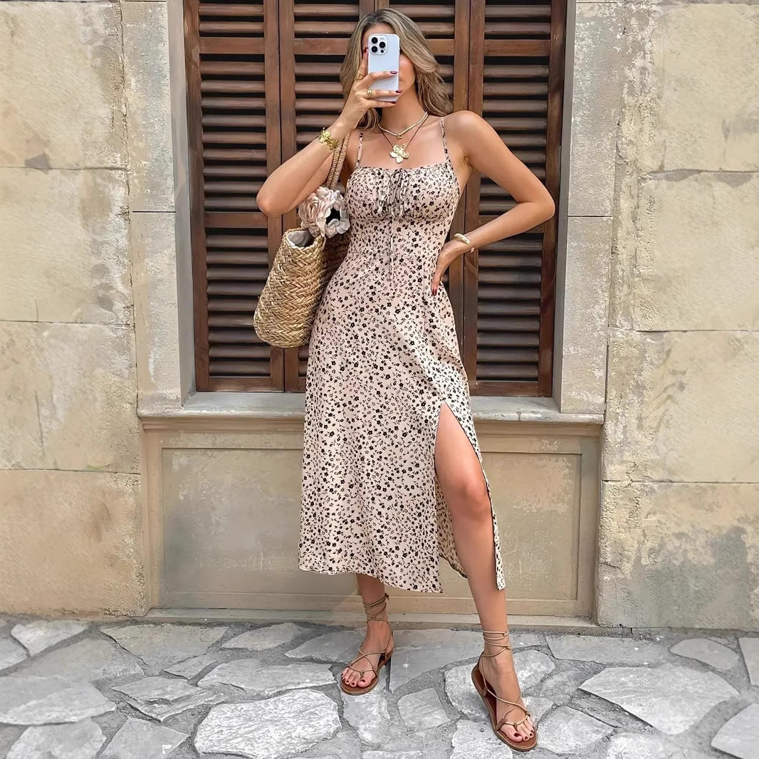 Robe midi femme – Coupe ajustée – Bretelles fines – Imprimé fleuri – Fente latérale