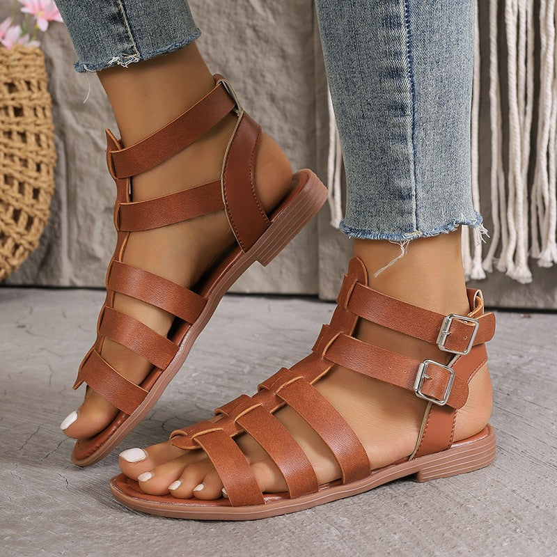 Sandales femme plates – Similicuir – Style romain – Bout ouvert – Boucles réglables